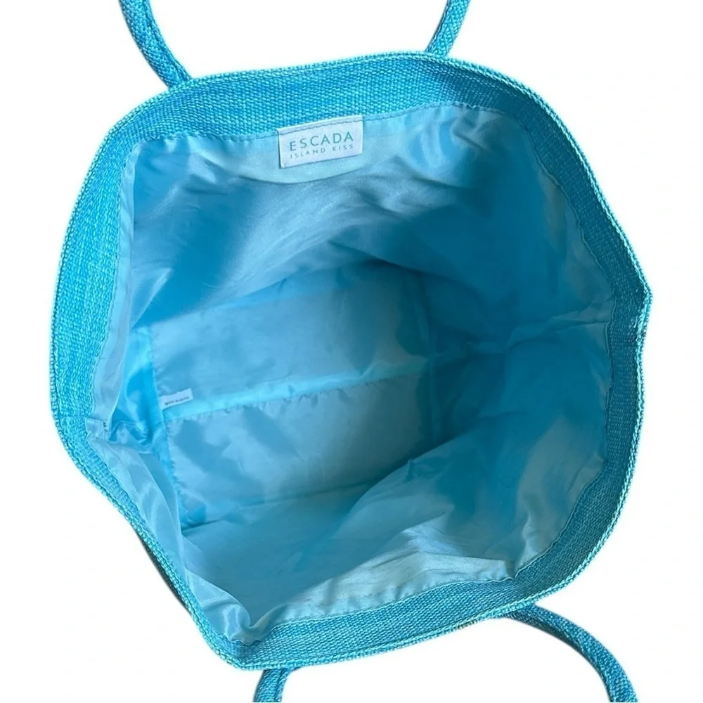 Escada Island Kiss Beach Tote Bag Turquoise Blue Canvas Sequin Circle Top Handle